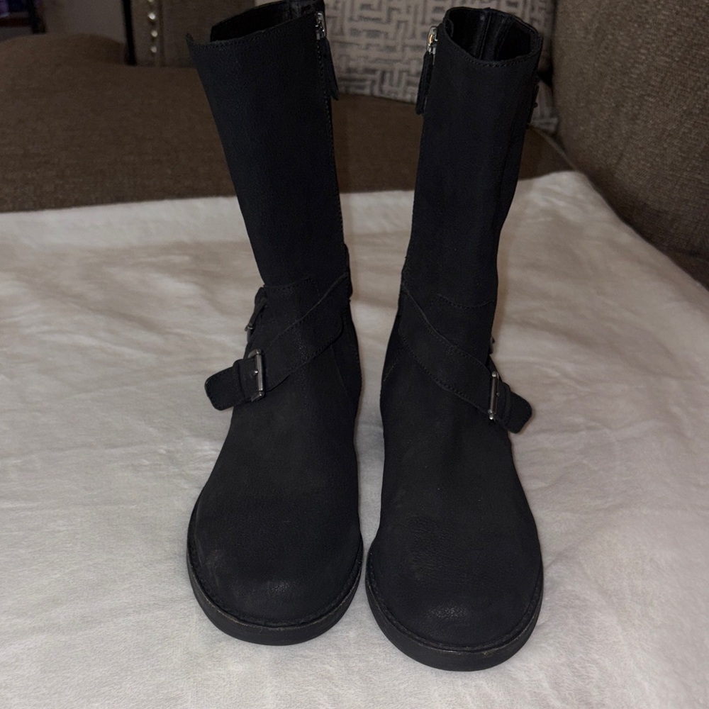 Eileen Fisher Gently Loved Black Suede Motto Boots Buckle Straps Side Zipper 8
